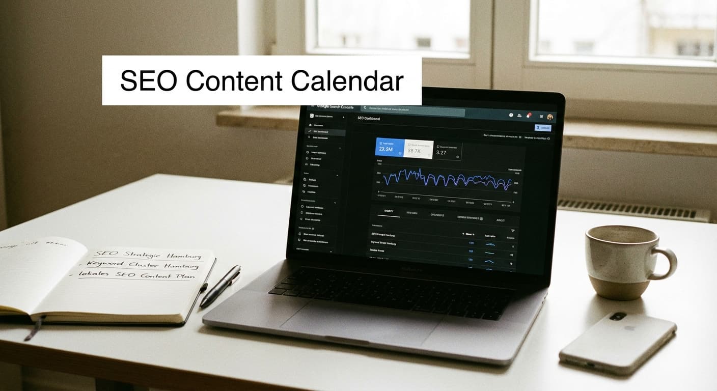 SEO Content Calendar auf Laptop mit Ranking-Dashboard und Notizen zur Google-Platzierung in Hamburg