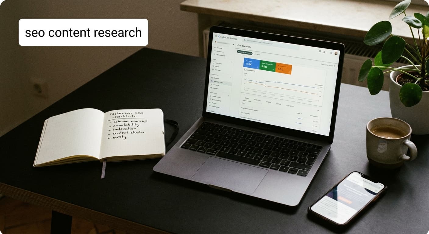 seo content research 2026: Laptop mit SEO-Dashboard, Core Web Vitals und Technical SEO Checkliste am Schreibtisch